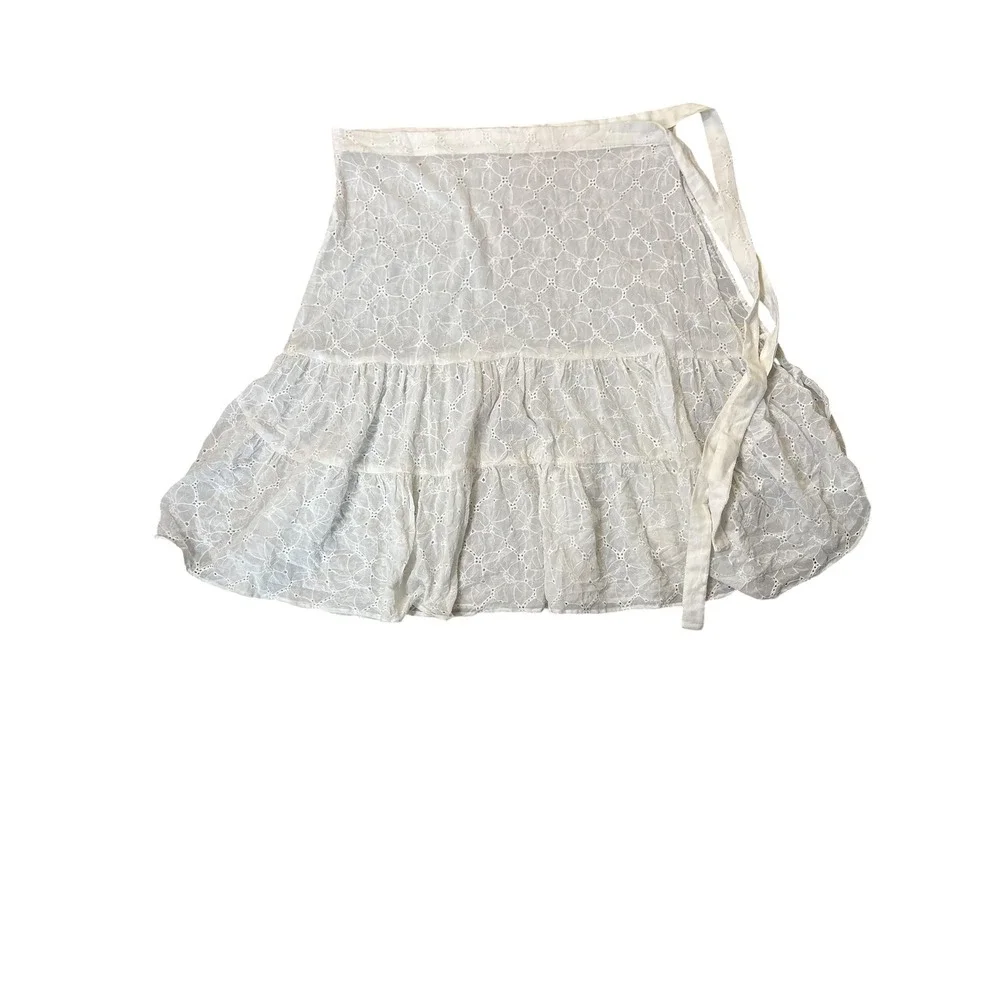 Vintage‎ White Eyelet Lace Wrap Midi Skirt Cottagecore Feminine Country Prairie